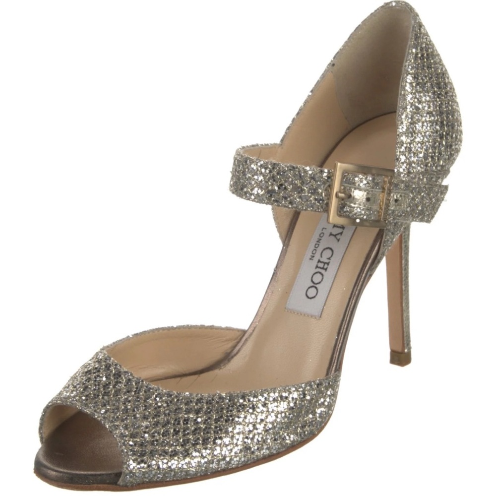 Jimmy Choo Silver Stiletto Heels with Peep-Toe Desigh/ Glitter Glitter Acent